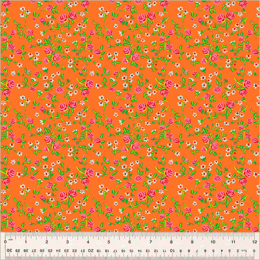 PRE-ORDER, Mousy Floral in Tangerine, By Hand Collection by Heather Ross for Windham