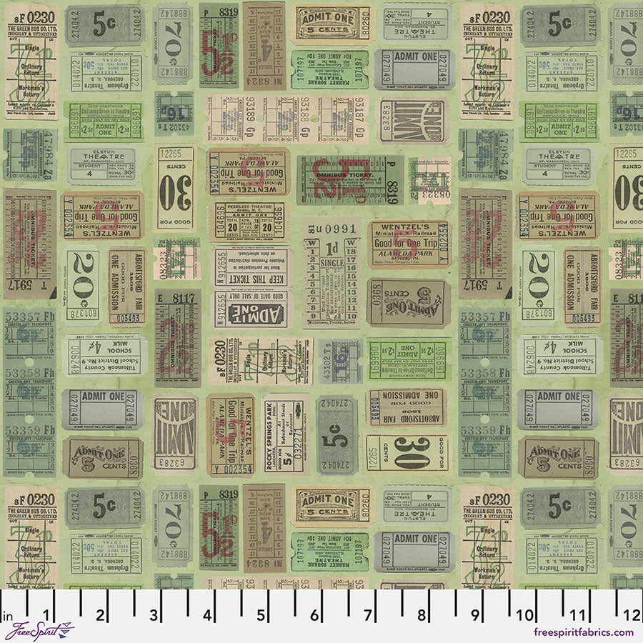 Tickets in Green from Eclectic Palette Green by Time Holtz for Freespirit, PWTH262.Green